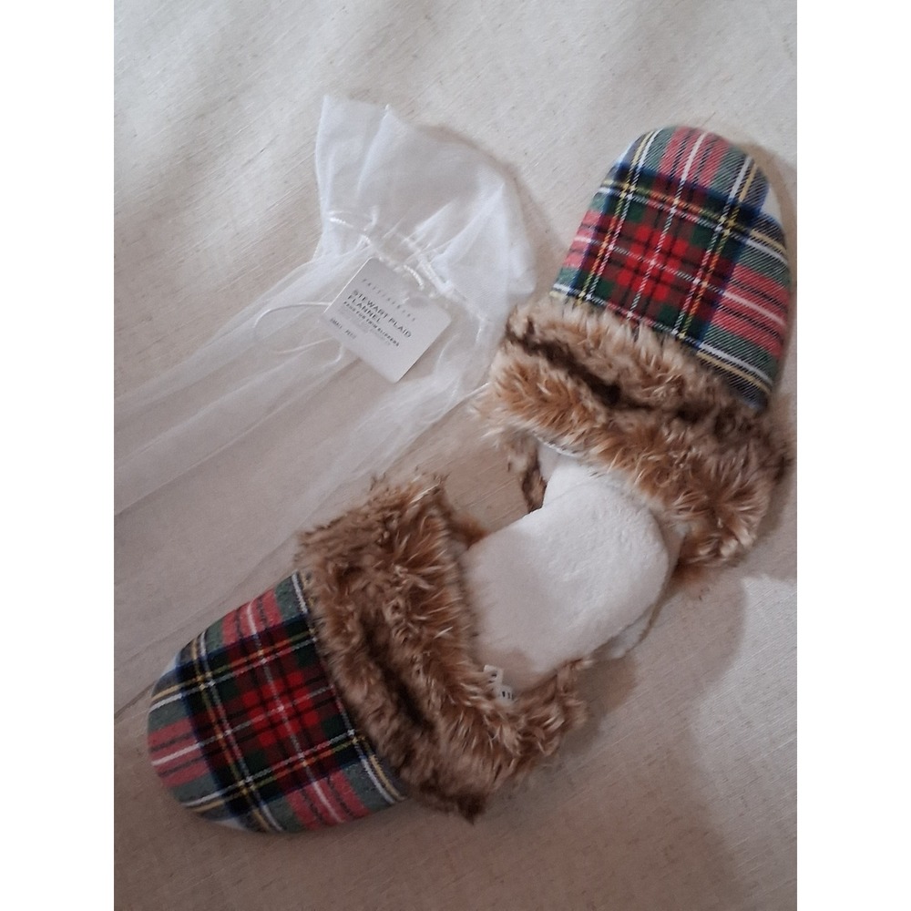 Pottery Barn Stewart Plaid Flannel Faux Fur Trim Slippers Red Green Small NEW - Picture 2 of 6